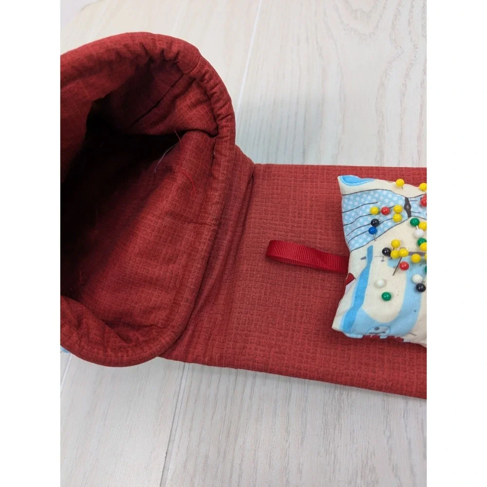 Small Chair Sofa Armrest Sewing Bag Attached Pin Cushion Red Blue Clothing Print